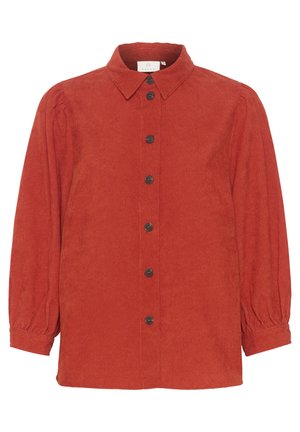Rotes Cordhemd mit kragenartigem Halsauschnitt, langen Puffärmeln und Knopfleiste vorne. Mit gerippter Textur und dunklen Knöpfen.