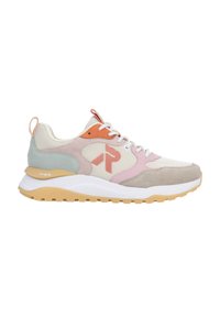 Sneaker aus Mesh- und Wildledermaterialien in Beige, Pink und Hellgrün. Verfügt über eine weiße Zwischensohle, orangefarbene Akzente und eine strukturierte Laufsohle.