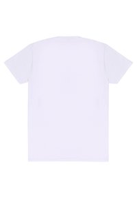 Camiseta de algodón blanca con mangas cortas y cuello redondo. La tela es suave, con una textura uniforme y sin patrones o logotipos visibles.