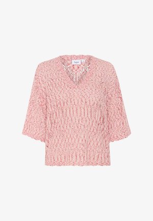 Light pink knitted top with a V-neck, short wide sleeves, and a textured pattern throughout. Label "Saint" is visible inside the neckline.