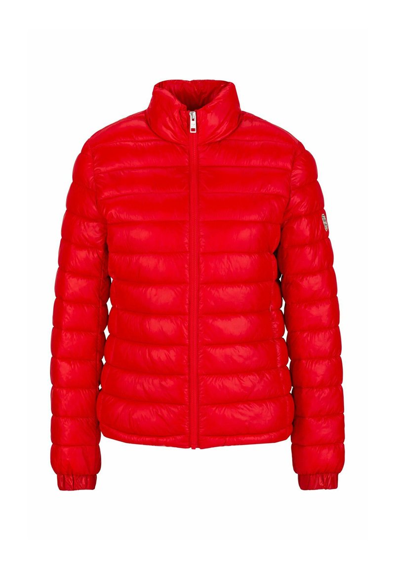 Rote Daunenjacke mit Reißverschluss und hohem Kragen. Verfügt über horizontale Steppabschnitte und elastische Bündchen. Leichtes Material.