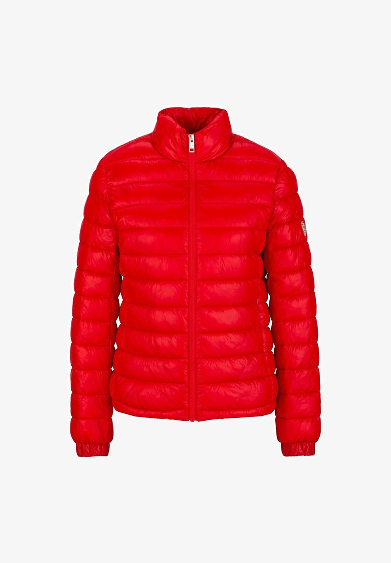 Rote Daunenjacke mit Reißverschluss und hohem Kragen. Verfügt über horizontale Steppabschnitte und elastische Bündchen. Leichtes Material.