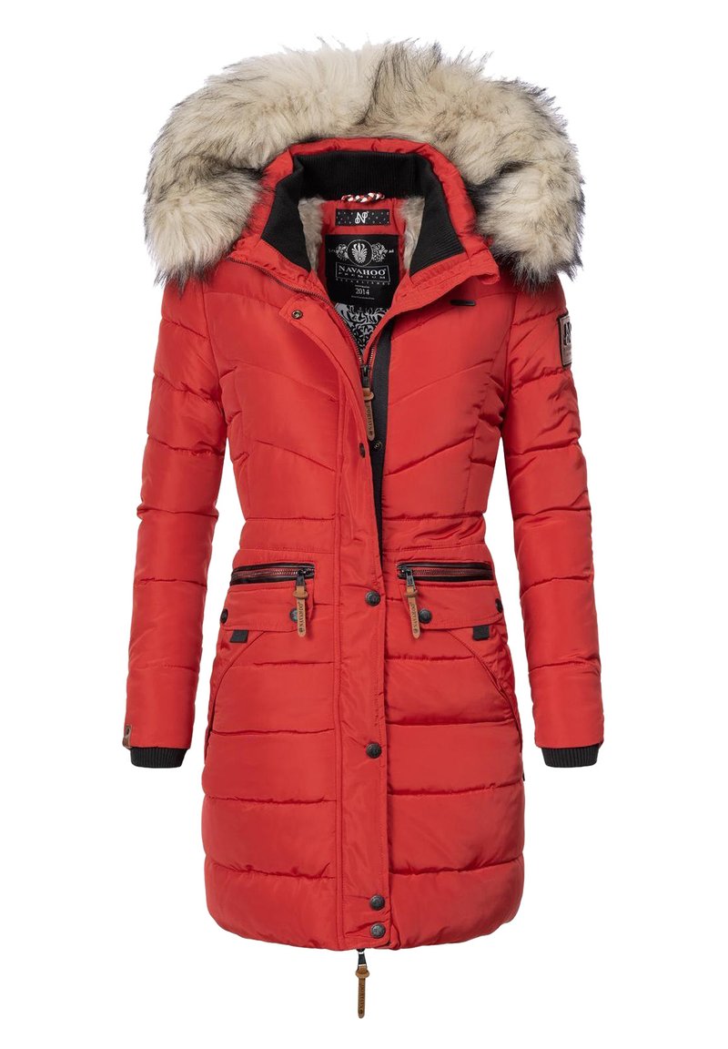 Red padded winter coat featuring a faux fur-lined hood, long sleeves, zip and snap closures, and three zippered pockets.