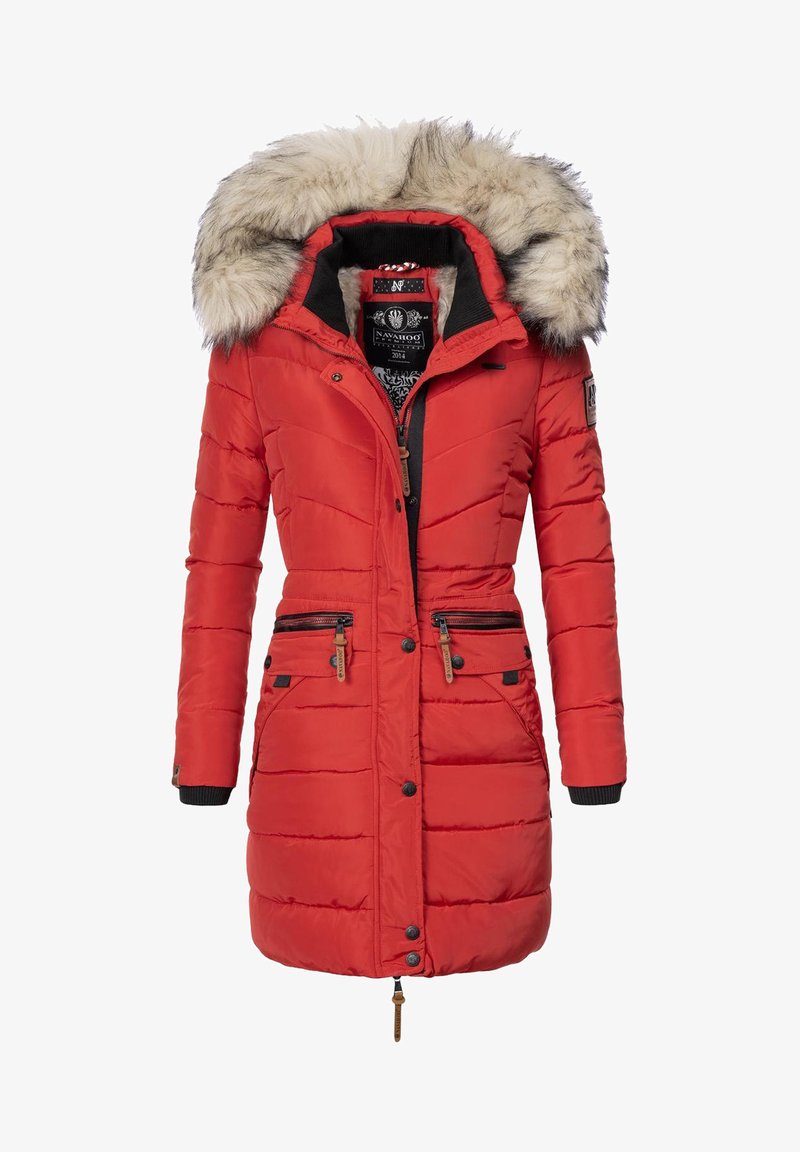 Rode gewatteerde winterjas met een faux fur-voering in de capuchon, lange mouwen, rits- en drukknoopsluitingen, en drie ritszakken.