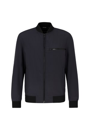 Marine bomberjack gemaakt van een gladde stof, voorzien van een ritssluiting aan de voorkant, geribde manchetten en een borstzak met ritssluiting.