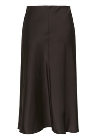 Jupe midi en satin noir avec une légère évasement et une finition lisse et brillante, avec une couture centrale à l'avant.
