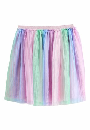 Tüllrock mit elastischem Bund. Verfügt über geschichtete Abschnitte in Pastellrosa, Grün und Lavendelfarben. Durchscheinende, leichte Textur.