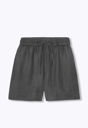 Shorts décontractés gris foncé avec taille élastique et cordon à l'avant, longueur genou, design simple avec un subtil détail de couture à l'ourlet.