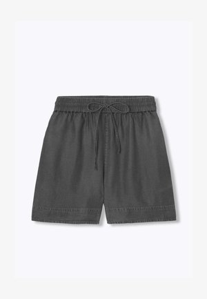 Shorts décontractés gris foncé avec taille élastique et cordon à l'avant, longueur genou, design simple avec un subtil détail de couture à l'ourlet.