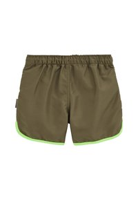 Oliveerohked ujumispüksid elastse vöökohaga, millel on neoonrohelised küljeaktsendid ja sile, kerge kangas.