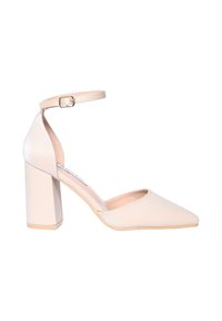 Scarpa beige con tacco alto, punta affusolata, cinturino alla caviglia e tacco quadrato. Realizzata in materiale liscio con una finitura opaca.