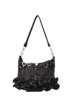 Sac à main en denim noir en forme de jupe avec un ourlet froncé, poches avant, passants de ceinture, bouton argenté et une bandoulière réglable.