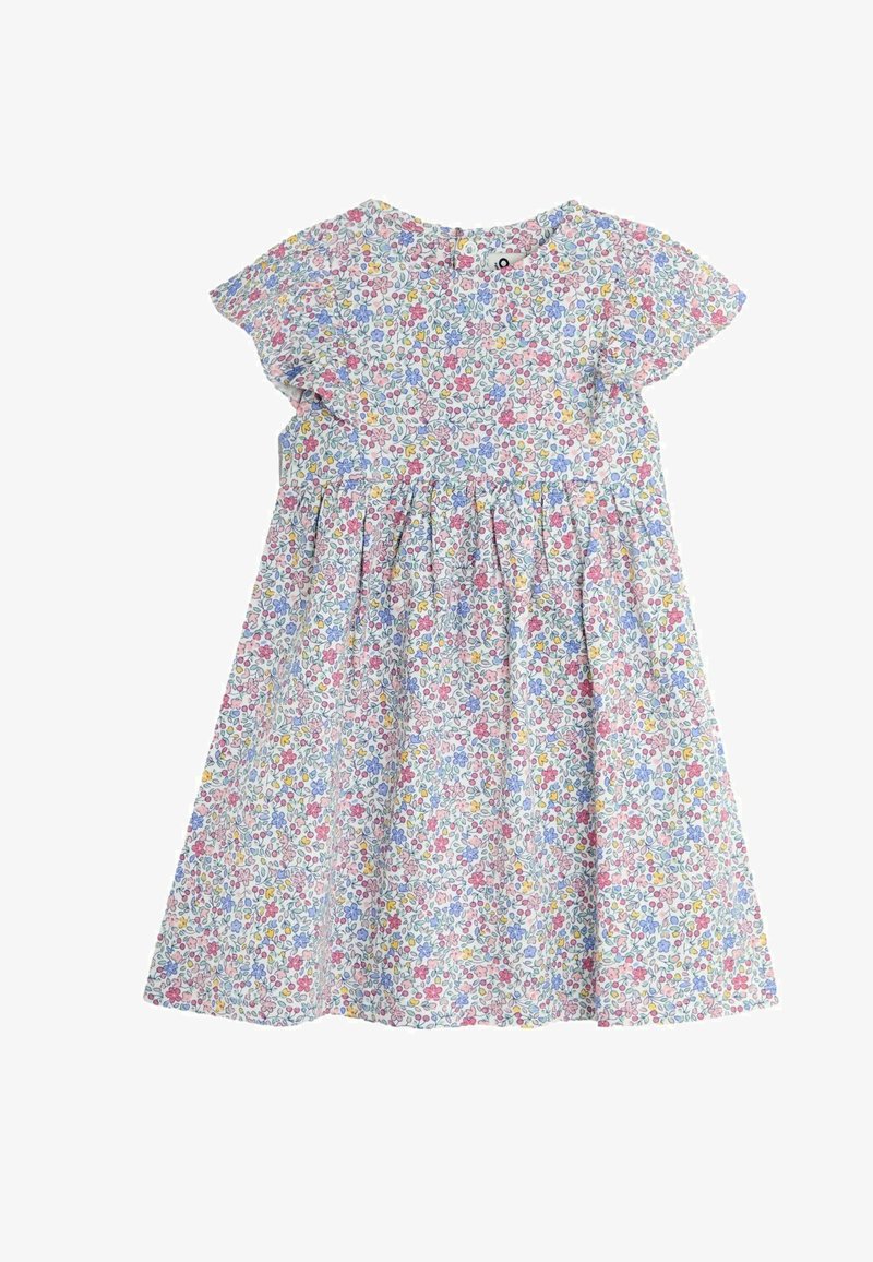 Blumenkleid mit kurzen, flatternden Ärmeln, aus leichtem Stoff gefertigt. Mit einem pastellfarbenen Blumendruck in Pink, Blau, Gelb und Grün auf weißem Hintergrund.