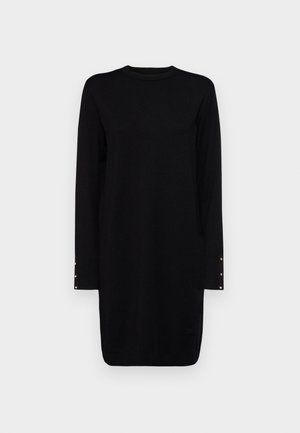 Schwarzes langärmliges Kleid mit rundem Ausschnitt, verfügt über Knopfdetails an den Manschetten, aus weichem Stoff, knielange Gestaltung.