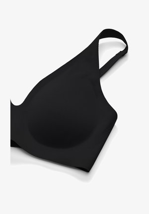 Schwarzer kabelloser BH mit geformten Cups und verstellbarem Schulterriemen auf weißem Hintergrund.