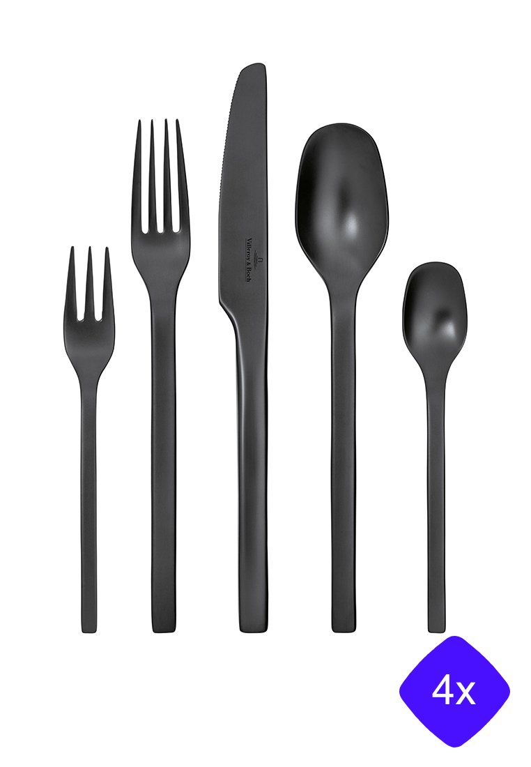 Schwarzes Edelstahl-Besteckset mit einem Messer, einer Gabel, einem Löffel und zwei kleineren Utensilien. Elegantes Design mit matter Oberfläche.
