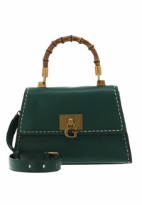 Žalia odinė rankinė su bambuko rankena, auksinėmis detalėmis, priekyje užsegama sagtimi ir baltomis siūlėmis; komplekte yra reguliuojamas peties diržas.