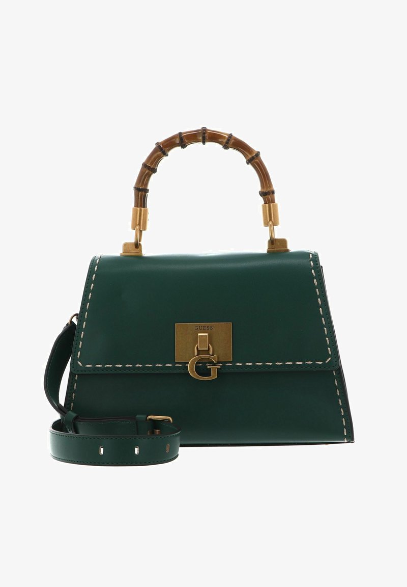 Žalia odinė rankinė su bambuko rankena, auksinėmis detalėmis, priekyje užsegama sagtimi ir baltomis siūlėmis; komplekte yra reguliuojamas peties diržas.