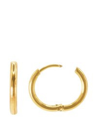 Goldene Ohrstecker mit einem eleganten, abgerundeten Design. Glatte Textur mit einer reflektierenden Oberfläche. Mit Scharnierverschluss für einfaches Tragen.