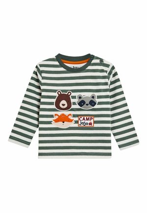 Grün-weiß gestreifte Langarmbluse mit Bären-, waschbären- und Fuchs-Applikationen sowie einem "CAMP JoJo"-Patch. Aus weichem Baumwollstoff.