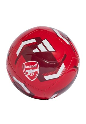 Czerwona piłka nożna Adidas z białymi geometrycznymi wzorami i logo klubu piłkarskiego Arsenal.