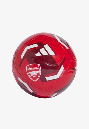 Czerwona piłka nożna Adidas z białymi geometrycznymi wzorami i logo klubu piłkarskiego Arsenal.