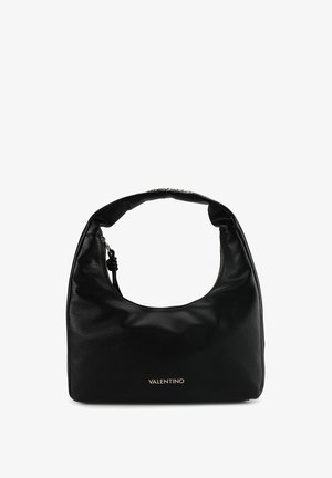 Zwarte leren hobo-handtas met een gladde textuur, semi-gesculpteerde vorm en een opvallend VALENTINO-logo in goud aan de onderkant.