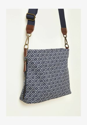 Laivastonsininen kangaspäällinen olkalaukku, jossa valkoinen kukkakuosi, ruskeat nahkaiset yksityiskohdat ja säädettävä hihna. Varustettu vetoketjullisella suljennalla ja tekstiilipintaisella rakenteella.