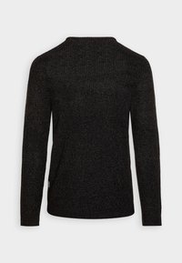 Langärmeliger, dunkelgrauer Strickpullover mit Rundhalsausschnitt, von hinten auf weißem Hintergrund gezeigt.