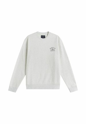 Lys grå crewneck sweatshirt med lange ærmer og lille sort "Bondello Athletics" tekst på venstre bryst.