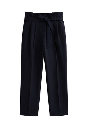 Navy trousers with a belted waist, pleated front, wide leg design, and smooth fabric texture. No visible hardware or patterns.