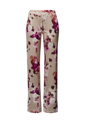 Pantalones con estampado floral en tejido suave, con un fondo beige y flores abstractas en tonos púrpura y rosa, diseñados con un corte relajado y piernas rectas.