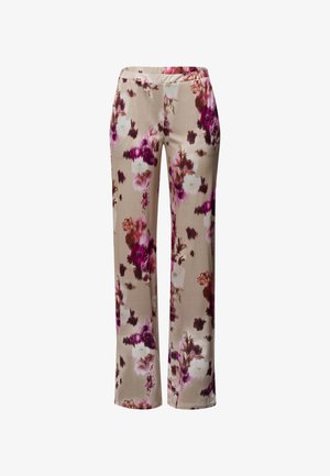 Bloemenprint broek van zachte stof, met een beige achtergrond en paarse en roze abstracte bloemen, ontworpen met een relaxed fit en rechte pijpen.