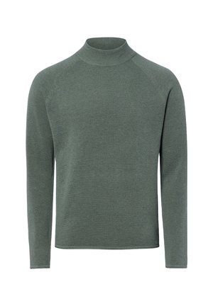 Sweter dziany z długim rękawem w przygaszonej zieleni, z wysokim okrągłym dekoltem i teksturowanym wzorem splotu.