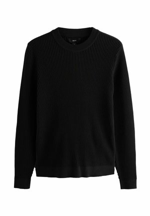 Pull noir en maille côtelée à manches longues, col rond et poignets ajustés, présenté sur fond blanc.
