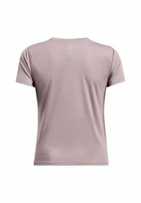 Camiseta de manga corta y cuello redondo en color rosa empolvado. Fabricada con un tejido ligero y texturizado, con sutiles rayas horizontales y un detalle reflectante en la parte posterior.