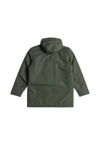 Zelená bunda s kapucí a hladkým povrchem, volného střihu. Jednoduchý design s dlouhými rukávy a rovnými lemy, bez viditelného kovového zapínání.