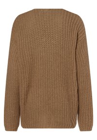 Hnědý pletený svetr s volným střihem, s texturovaným vzorem a dlouhými rukávy. Zadní část je rovná s kulatým výstřihem.