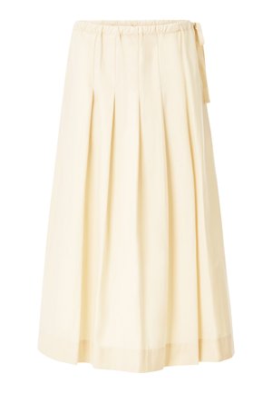 Midi-Rock in Cremefarbe mit Falten, elastischem Bund und seitlichem Bindedetail, dargestellt vor weißem Hintergrund.