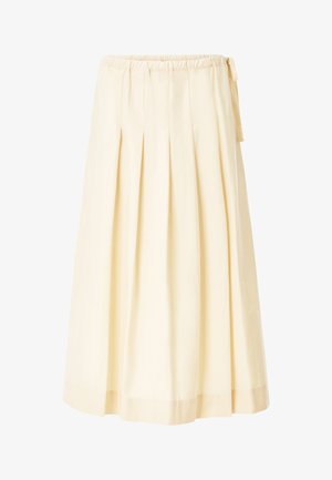 Midi-Rock in Cremefarbe mit Falten, elastischem Bund und seitlichem Bindedetail, dargestellt vor weißem Hintergrund.