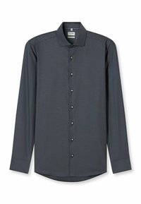 Langärmeliges Hemd in Dunkelgrau mit einem dezenten geometrischen Muster, Knopfleiste am Kragen und Frontknöpfen. Baumwollmaterial mit glatter Textur.