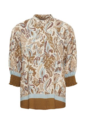 Bluse med lange ærmer med brunt, beige og blåt blomster paisley mønster, knappet front, opsmøgede manchetter og ensfarvet kant.