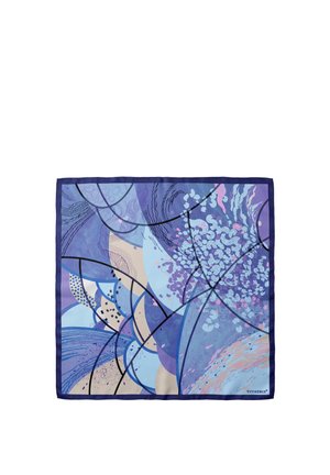 Vierkante sjaal met abstracte blauwe, paarse en beige vormen en zwarte gebogen lijnen die een mozaïekachtig patroon vormen, met het label "VIVISENCE" in een hoek.