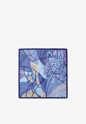 Quadratisches Tuch mit abstrakten blauen, violetten und beigen Formen und schwarzen geschwungenen Linien, die ein mosaikartiges Muster bilden, mit der Beschriftung „VIVISENCE“ in einer Ecke.