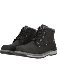 Stivali ankle in pelle nera con una finitura testurizzata, punta rotonda e lacci. Suola in gomma grigia a contrasto e foderatura in tessuto grigio.