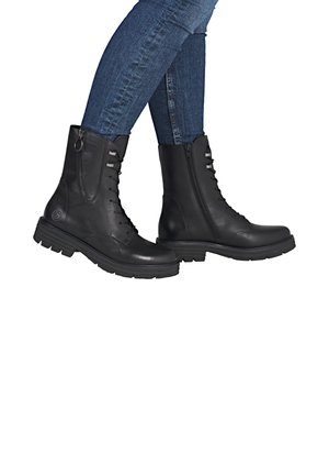 Schwarze Leder-Stiefeletten mit Schnürung vorne und seitlichem Reißverschluss. Verfügt über eine klobige Sohle und minimale Hardware-Akzente für einen modernen Look.
