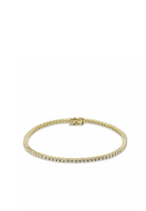 Dünnes goldenes Armband mit einer einzelnen Reihe kleiner runder Diamanten und einem sicheren Verschluss auf weißem Hintergrund.