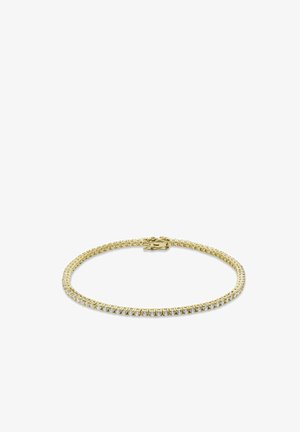 Dünnes goldenes Armband mit einer einzelnen Reihe kleiner runder Diamanten und einem sicheren Verschluss auf weißem Hintergrund.