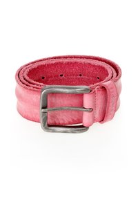 Rosa Leder Gürtel mit strukturierter Oberfläche, ausgestattet mit einer Metall Schnalle im gebürsteten Finish und mehreren Lochstanzungen zur Anpassung.