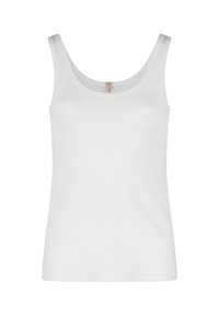 White ribbed tank top with a round neckline and wide shoulder straps. Features a small, discreet logo tag at the back. Cotton blend fabric.